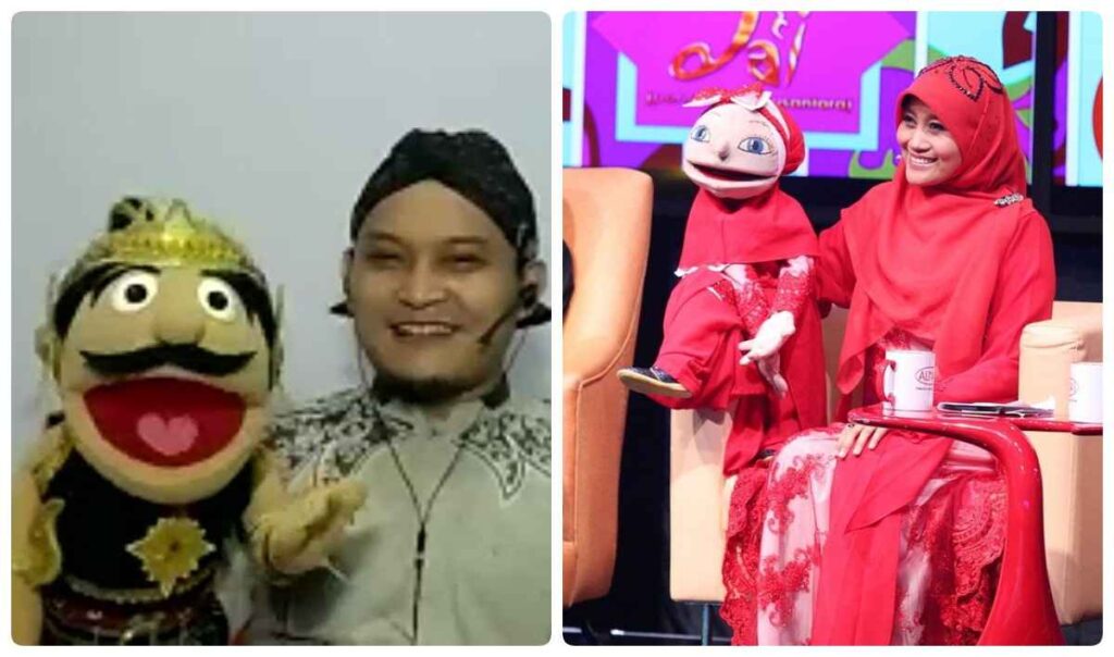 Kak Ipulogi dengan boneka Gatutkece, dan Kak Lulu dengan boneka berhijab.