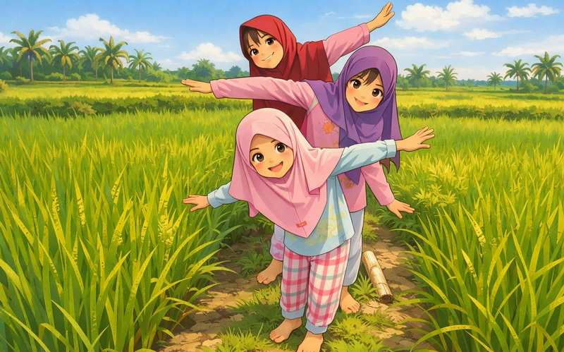 Ilustrasi: Syakila, Khadijah dan Fatimah (mulaidari belakang) menikmati bentangan sawah mbah di kampung halaman.