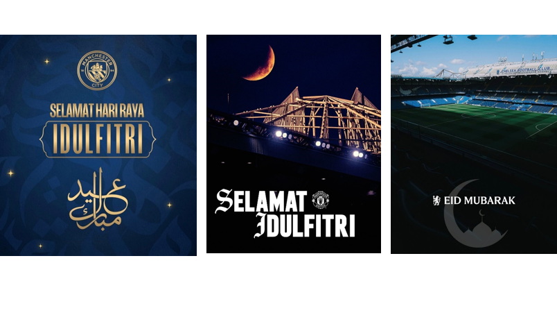 Ucapan selamat Idulfitri dari klub sepakbola Chelsea FC, Manchester City, dan Manchester United.