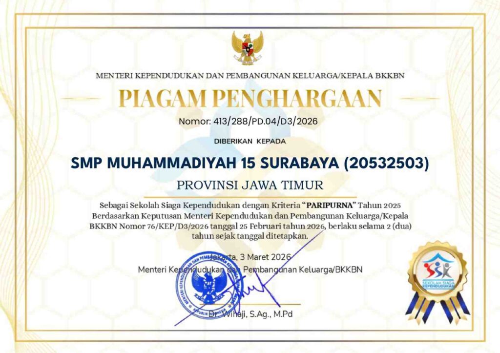 SMP Muhammadiyah 15 Boarding School Surabaya Raih Penghargaan "Paripurna" Sekolah Siaga Kependudukan 2025