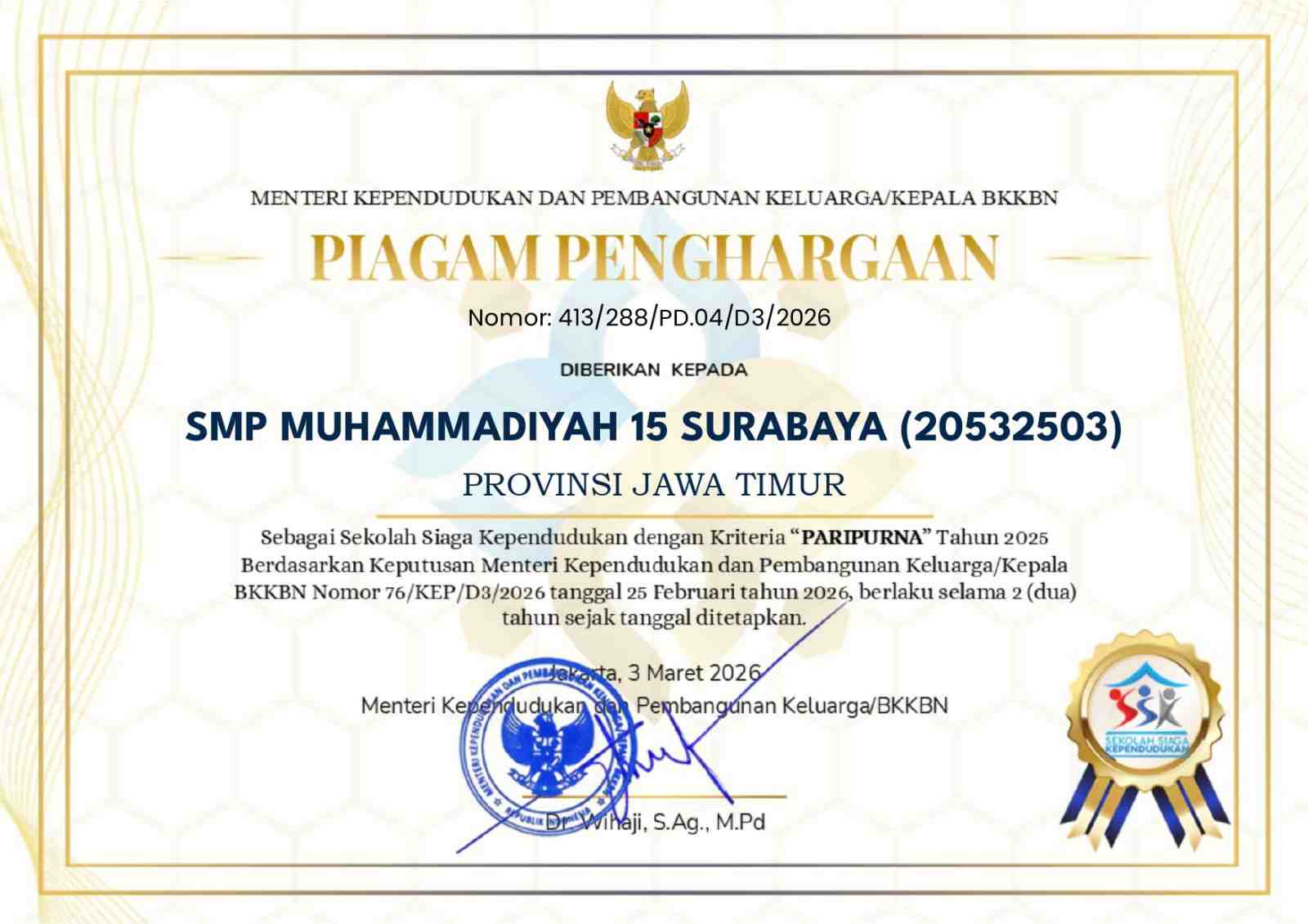 SMP Muhammadiyah 15 Boarding School Surabaya Raih Penghargaan "Paripurna" Sekolah Siaga Kependudukan 2025