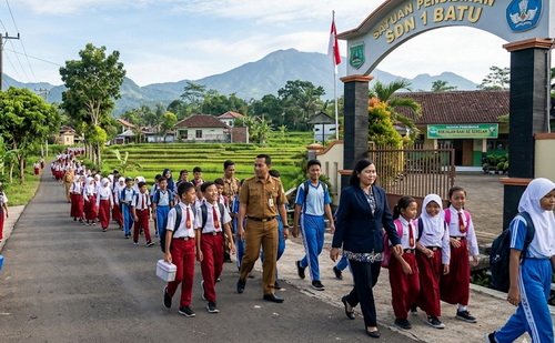 ilustrasi: Jalan kaki ke sekolah adalah salah satu upaya hemat energi.