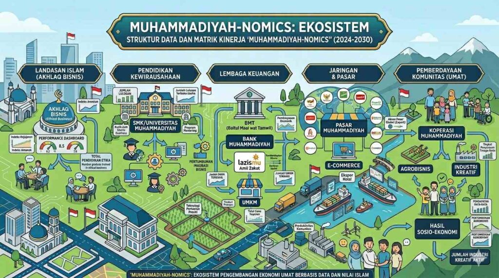 Ilustrasi: rekayasa oleh AI mengambarkan jaringan ekonomi Muhammadiyah yang terangkum dalam Muhammadiyah Nomics. (ist)