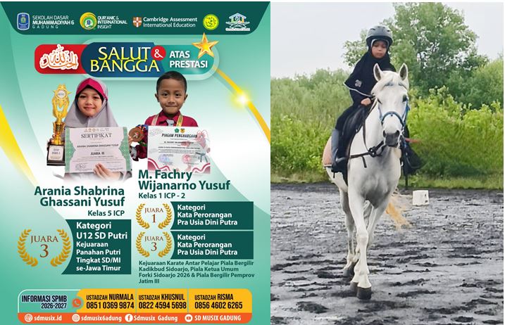 Dua bersaudara kandung, Arania Shabrina Ghassani Yusuf dan Muhammad Fachry Wijanarno Yusuf, jadi ikon sekolah (kiri). Arania Shabrina mulai menekuni olahraga berkuda. (ist)