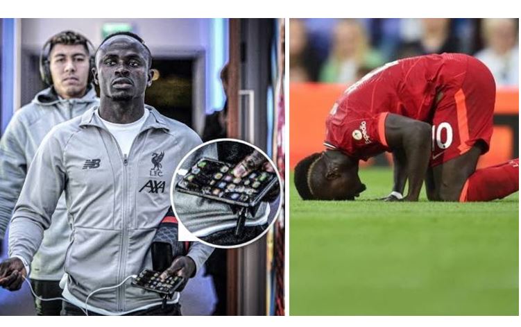 Pesepakbola muslim, Sadio Mané memegang ponsel dengan layar retak, Ia selalu selebrasi sujud syukur usai mencetak gol.